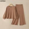 VONDA Elegant Women Outfits Puff Sleeve Blouse and Zip-up Trousers Casual Two Piece  Sets