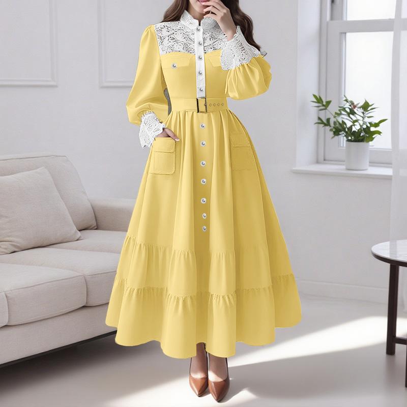 

ZANZEA Женское повседневное платье с круглым вырезом и длинными рукавами, с кружевной отделкой XL жёлтый