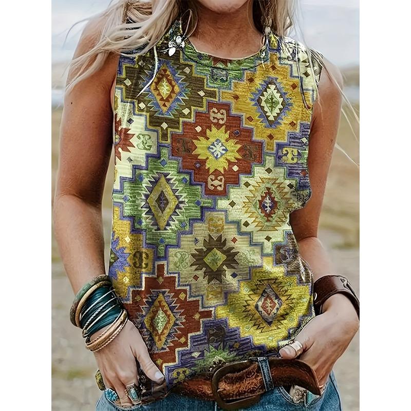 

Western Style Tank Tops Geometry 3D Print Summer Fashion Women O-Neck Vest Off Shoulder Y2k Sleeveless Camisole Woman Clothing S