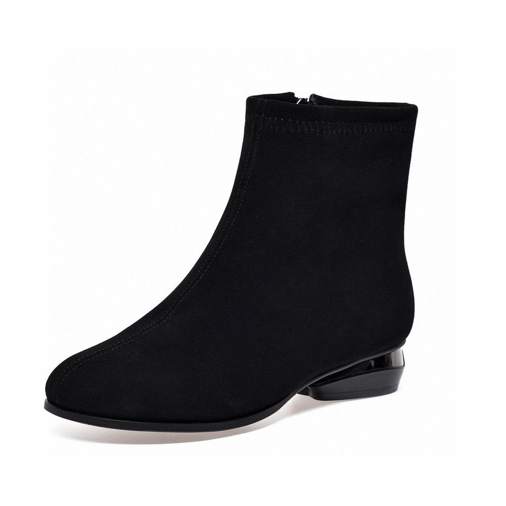 Round Head Short Boots Women's Autumn and Winter Flat Bottom Simple Temperament Black Leather Boots Thin Boots Straight Boots Cotton Boots