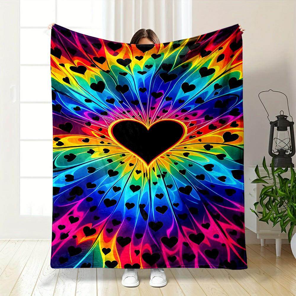 Rainbow Heartburst Pattern Blanket Patterned flannel blanket perfect for the bedroom living room, sofa, or a little nap