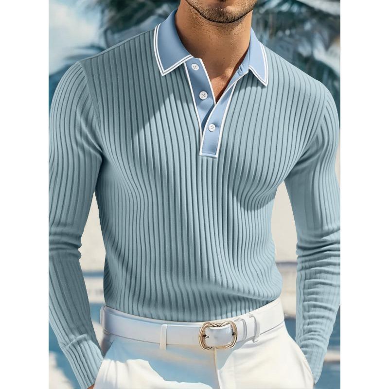 Mens Long Sleeve Striped Polo Shirt Loose Breathable Business Casual