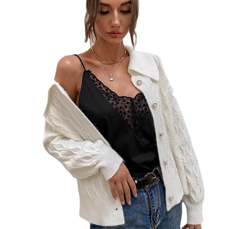 2025 Autumn/Winter Women's Single-Breasted Knitted Cardigan - Solid Color, Turn-Down Collar, European & American Style