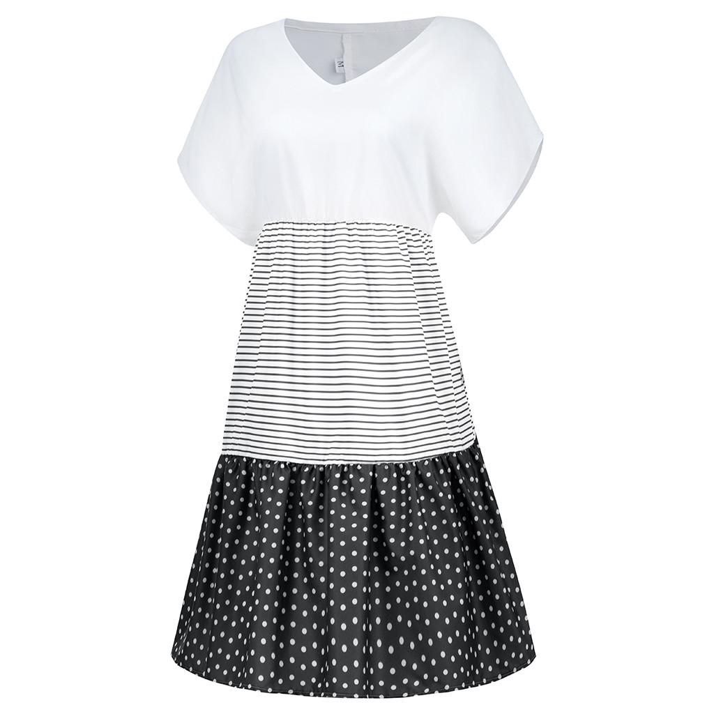 Fashion Women Casual Loose Stripe Dot Patchwork V-Neck Short Sleeves Dress