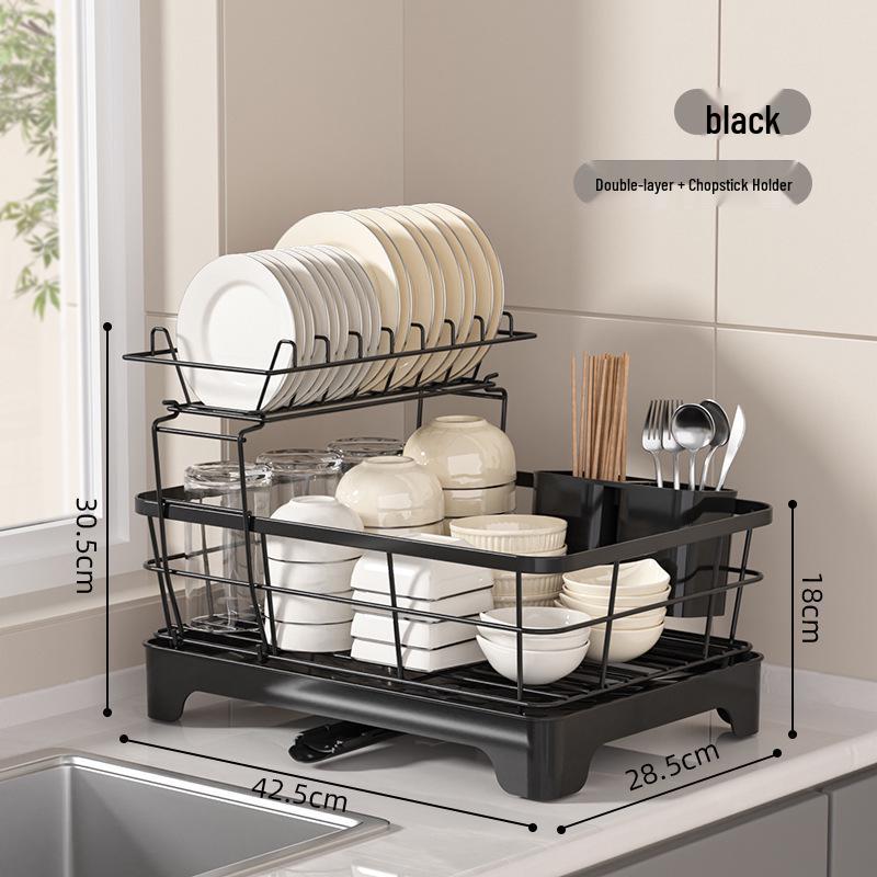 25th Anniversary Double-Layer Bowl & Plate Drying Rack with Draining Tray and Carbon Steel Varnish