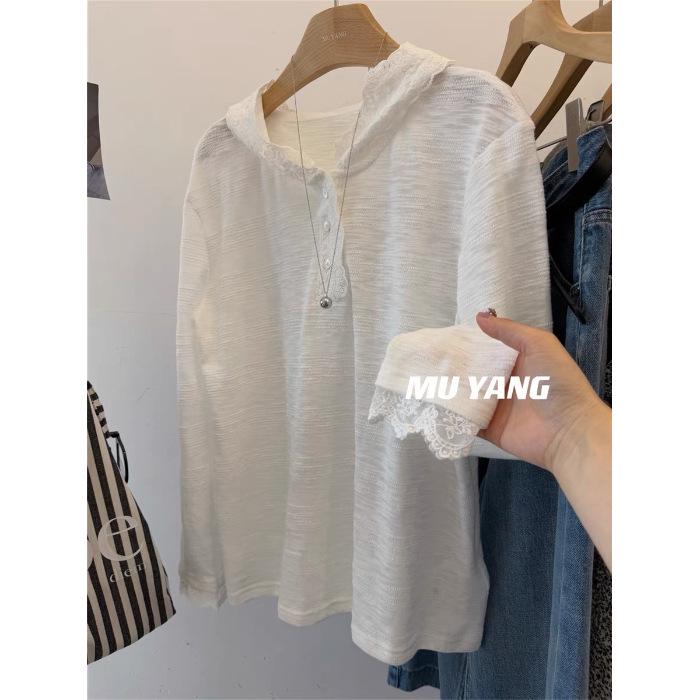 

Women s Lace Patchwork Hooded Long Sleeve Knitted Sunscreen T-shirt – Spring 2025 M (recommended 40-55 kg) белый