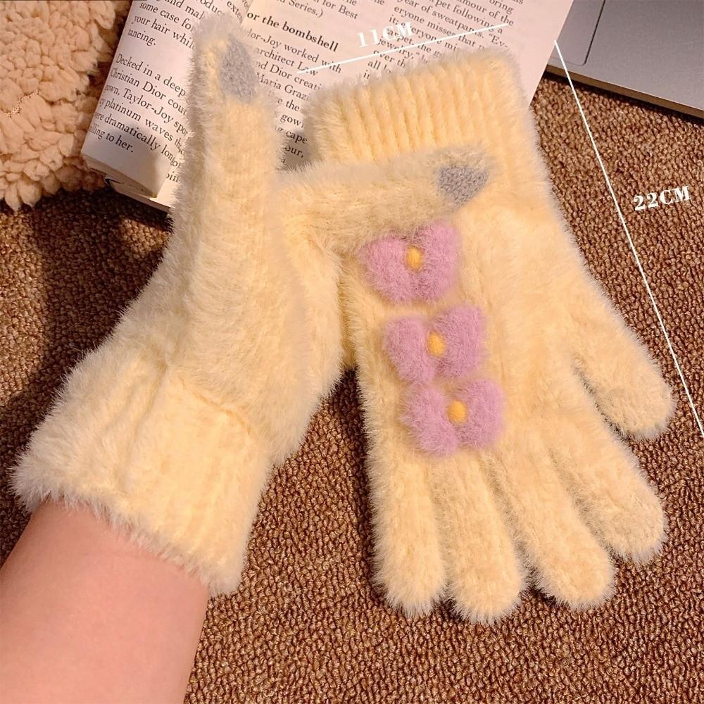 Fuzzy Bow Decorated Knitted Full Finger Gloves Polyester Warm Plush Gloves Cycling Use