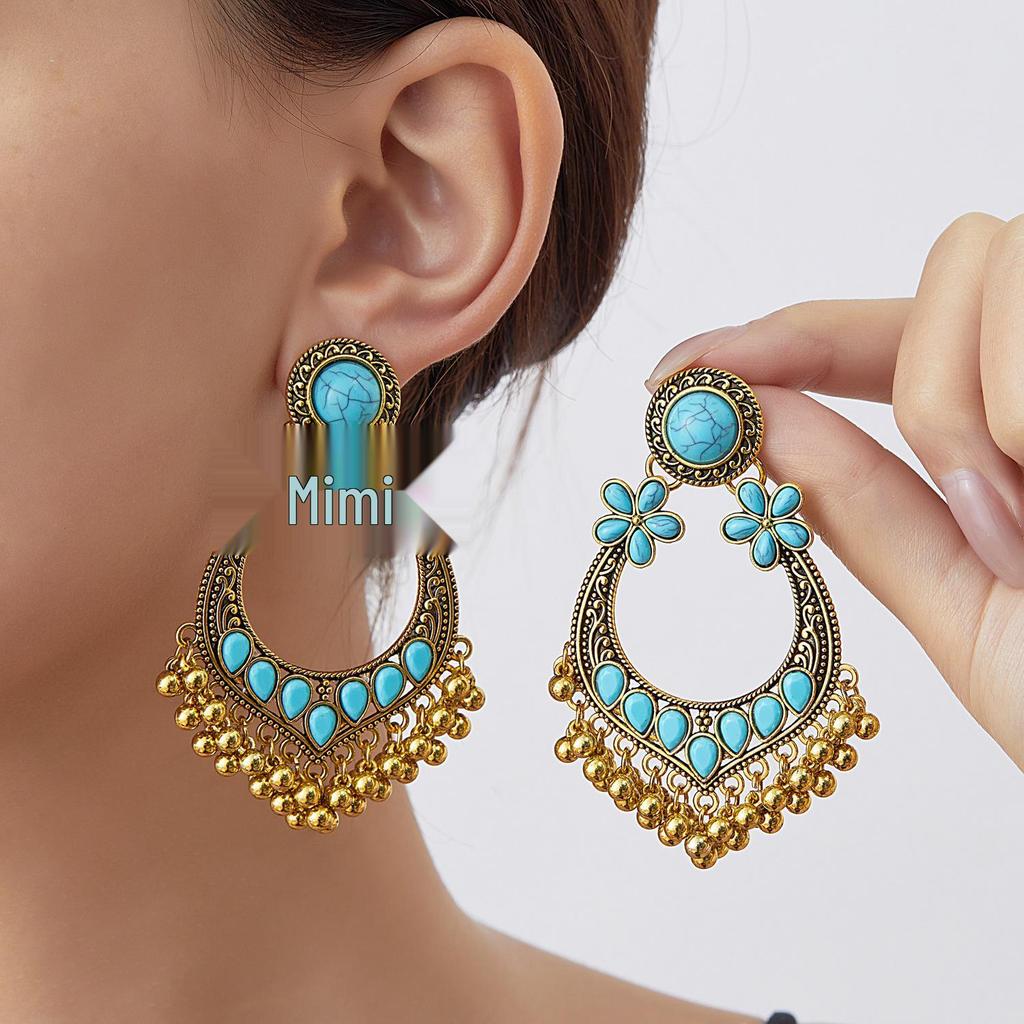 Exotic Ethnic-Style Long Dangle Earrings for Women: Retro Bohemian Turquoise Ornaments