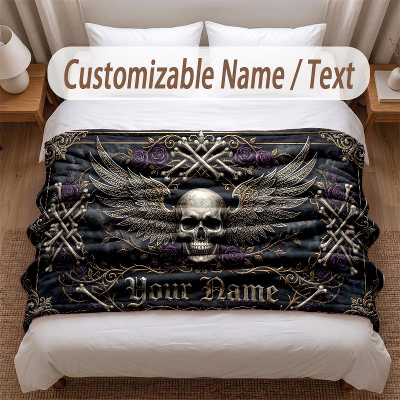 Skull Gothic Theme Soft Blanket Personalized Custom Name Text Print Warm Blanket Home Sofa Bedroom Decor