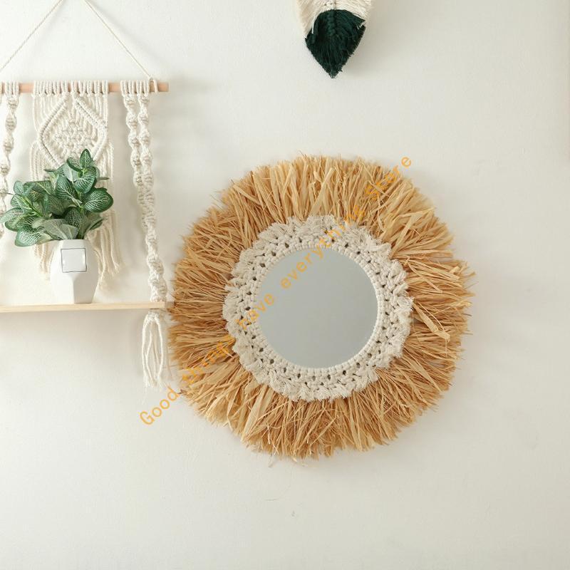 Woven Cotton Rope Mirror Wall Boho Raffia Makeup Mirror Dressing Hanging Mirrors Living Room Bathroom Decoration 55KF