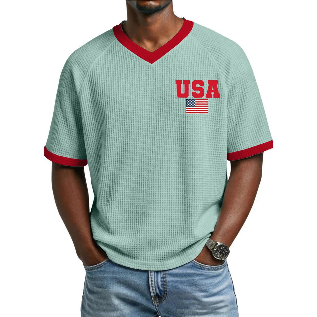 Men's Casual Fashionable Letter- Colorful Print Short-sleeved Shirt - Men's Breathable V-neck Short-sleeved Top