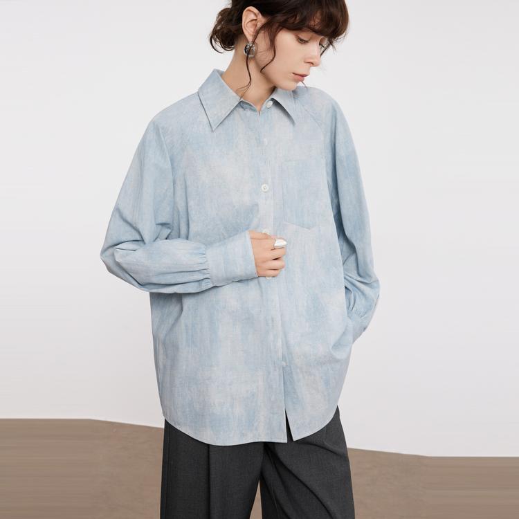ELLE French Design Comfortable Fashionable Quality Lapel Long Sleeve Shirt Women shirts Blue EC49990