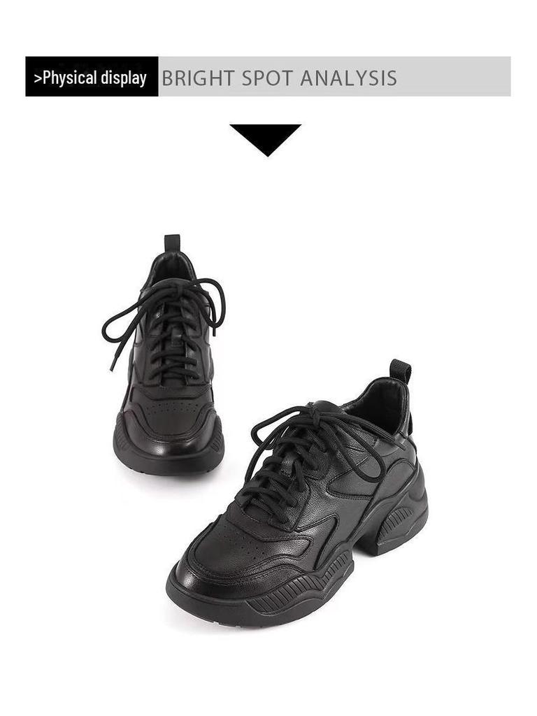 Women's New 2025 Autumn/Winter Black Genuine Leather Thick-Soled Dad Shoes: Versatile, Stylish, and Casual.