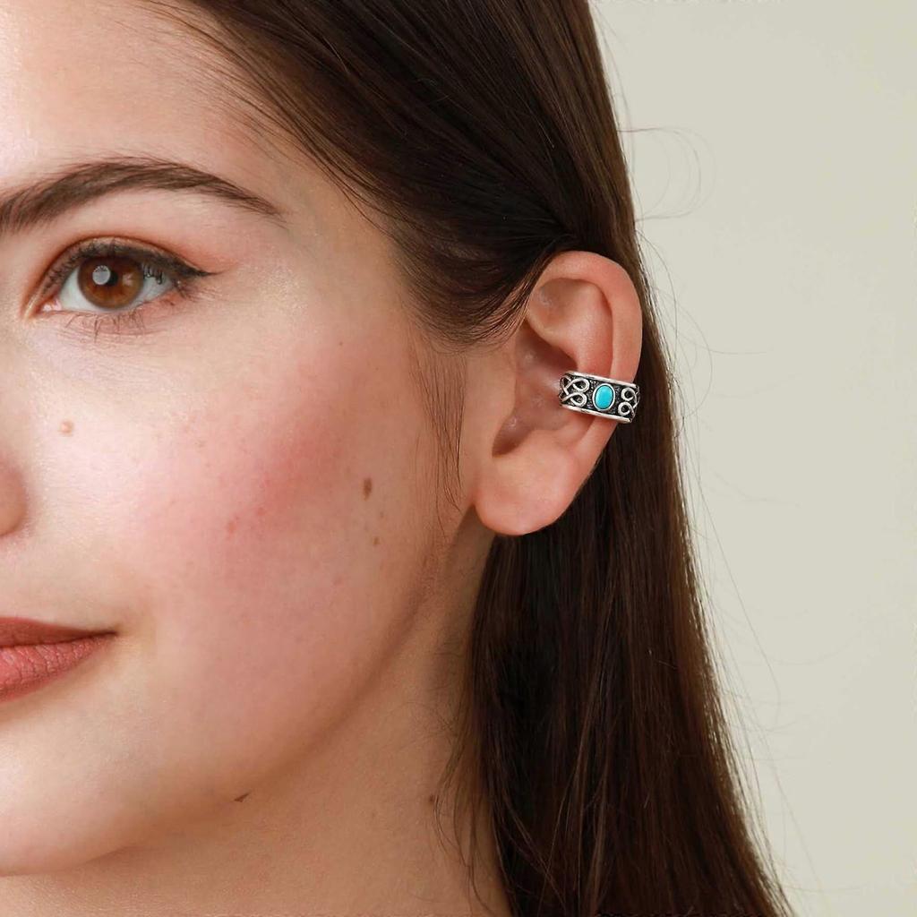 925 Sterling Silver Turquoise Celtic Knot Oxidized Ear Cuffs For Women No Piercing Ear Cuffs Wide Ear Lobe Cuff Viking Ear Cuff For Women Men