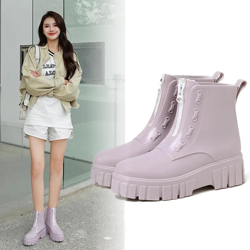 Fashion Women Thick Soled Rain Boots Non-Slip Fashion Outdoor Wear-resistant Rubber Waterproof Shoes Women Jelly Soft Soled Rain Boots