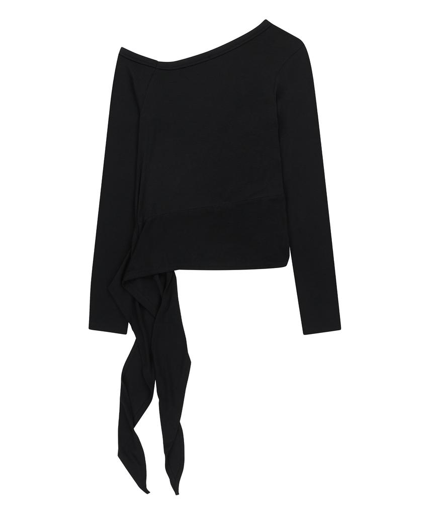 Saendeulig One Shoulder Unbalanced Strap T-Shirt_Black