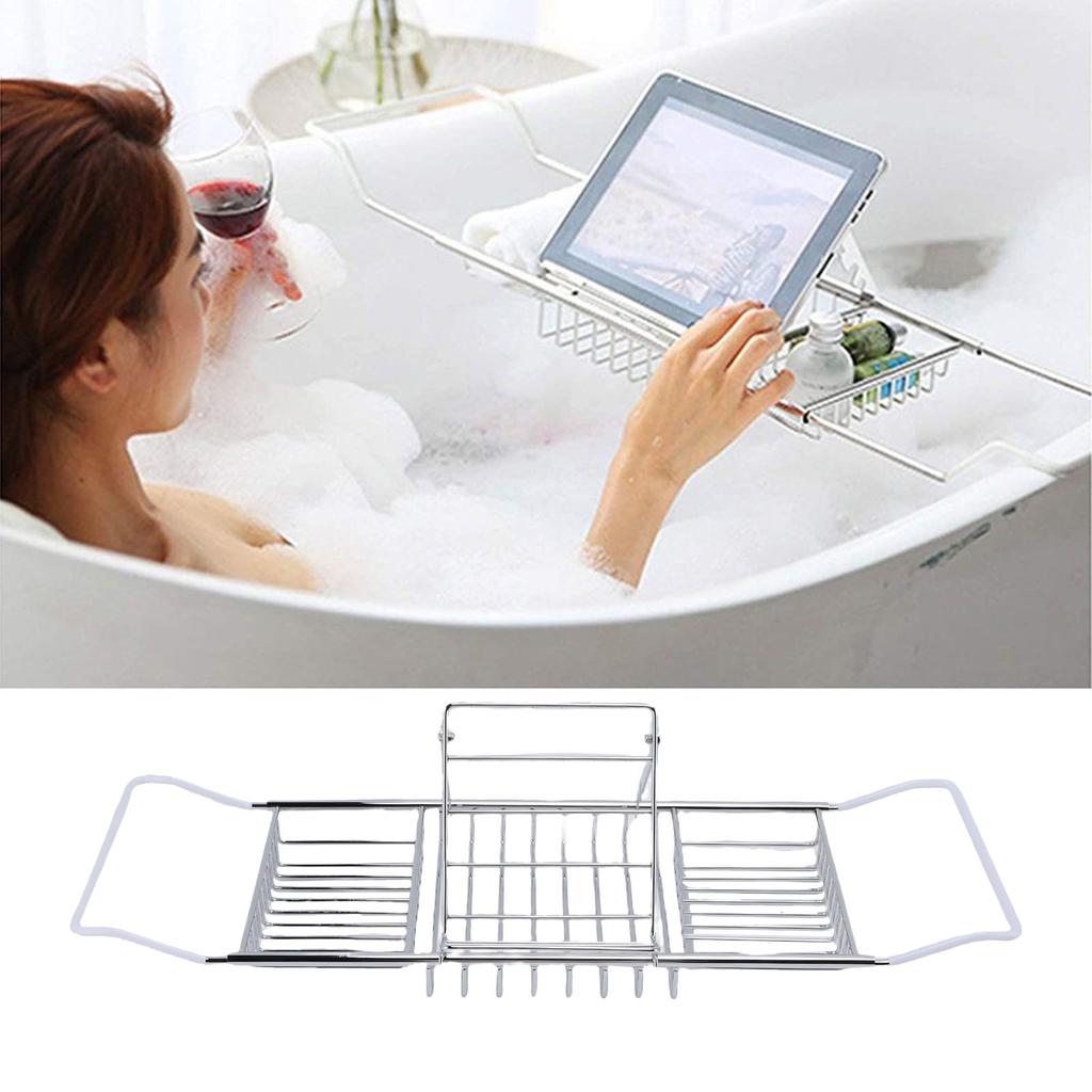 Shower Tub Tray Stainless Steel Expandable Over The Bathtub Rack with Phone Stand for Soap Shampoo