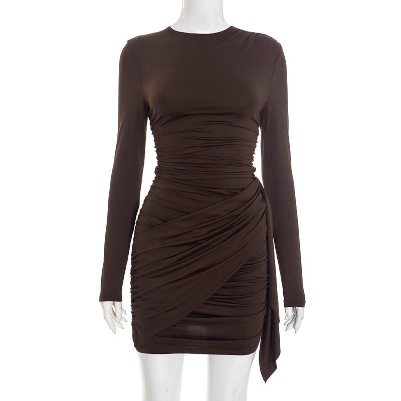 D25DS500 Women s Autumn/Winter Solid Pleated Long Sleeve Slimming Short Dress Small