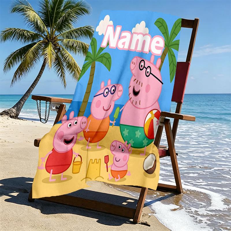 Custom Name Personalized Pink Pig Print Beach Towel, for Trip Camping Beach Party Home Decor, Birthday Gift for Family & Friends