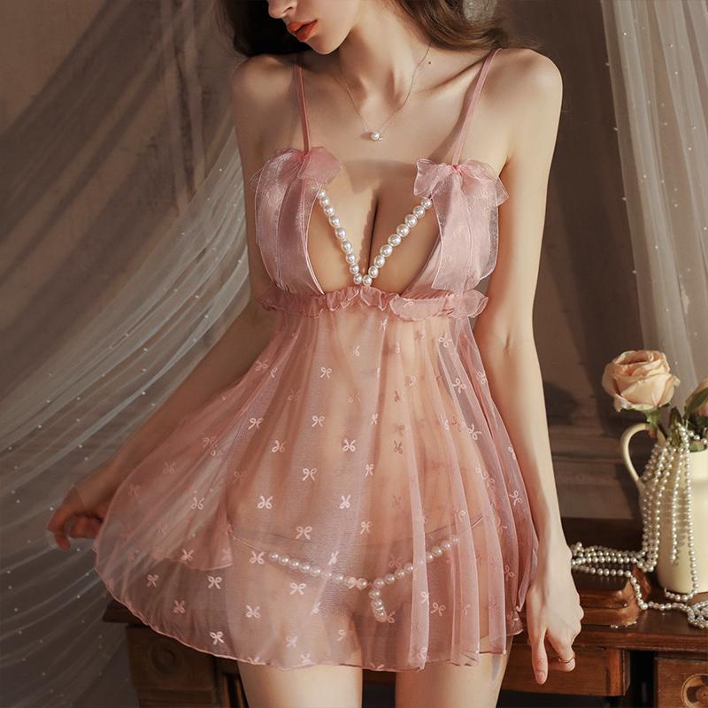 Women's Sexy Bow Print Sex Pearl Deep V See Through Gauze Open Crotch Thongs Lingerie Set Erotic Babydolls Nightgown Underwear
