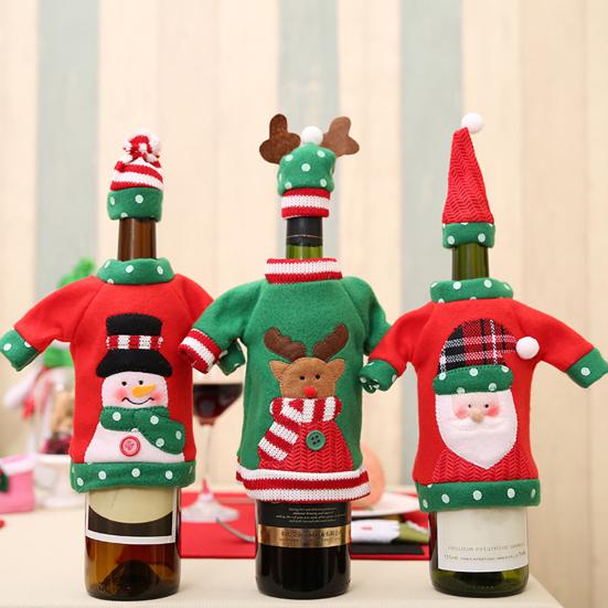 1 Set Bottle Cover Reusable Cartoon Pattern Knitted Fabric Christmas Winebottle Dress for Decorating