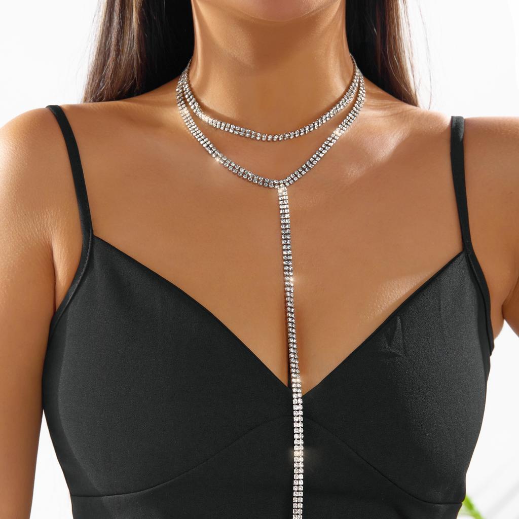 Fashion Full Rhinestone Long Tassel Choker Necklace for Women Multi-layer Y-shaped Collar Wedding Party Jewelry Neck Accessories