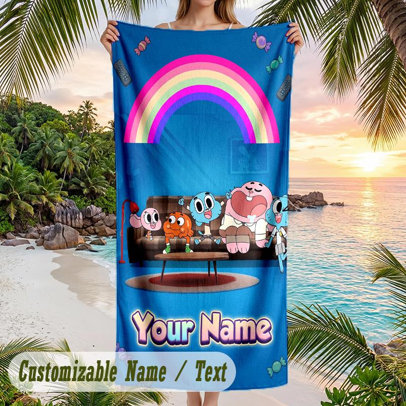 Amazing World of Gumball Beach Towel, Personalized Custom Text, Quick Dry Soft Large Towel For Swimming Pool Travel