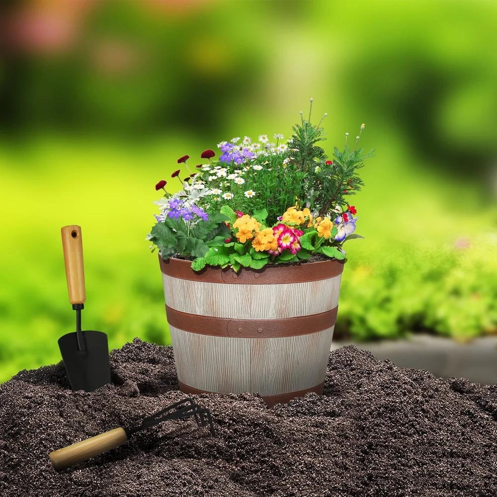 Whiskey Barrel Resin Planter Durable Indoor Outdoor Round Pot with Drainage Holes Frost Resistant Lightweight Easy Care
