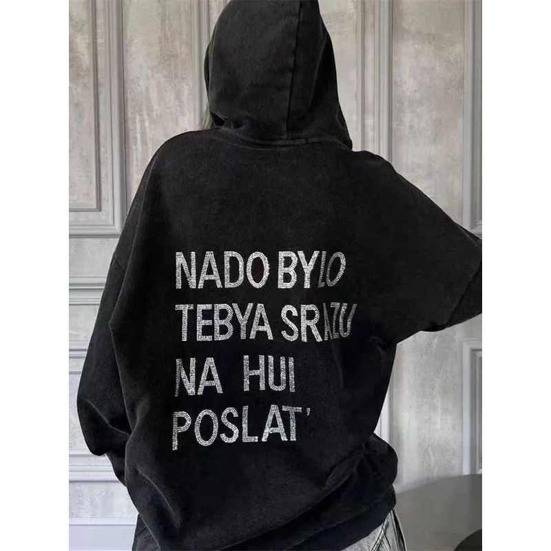 Fashion Style New Arrival Rhinestone Letter Hooded Sweatshirt Loose Tops Diamond Studded Hooded Top