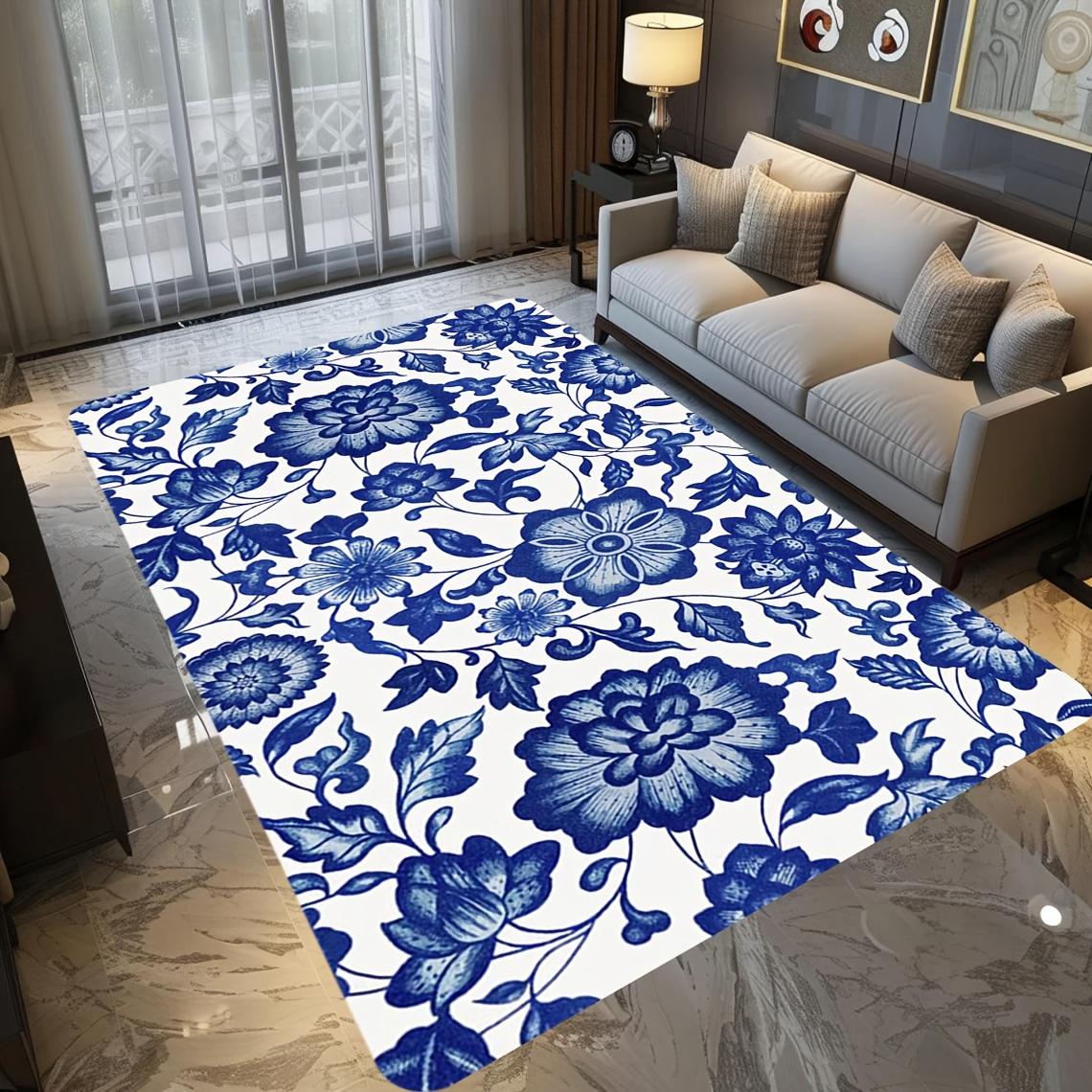 

Blue and White Floral Theme Flannel-printed floor mats are slip-resistant Suitable living room bedroom terrace garden carpets 60x90cm