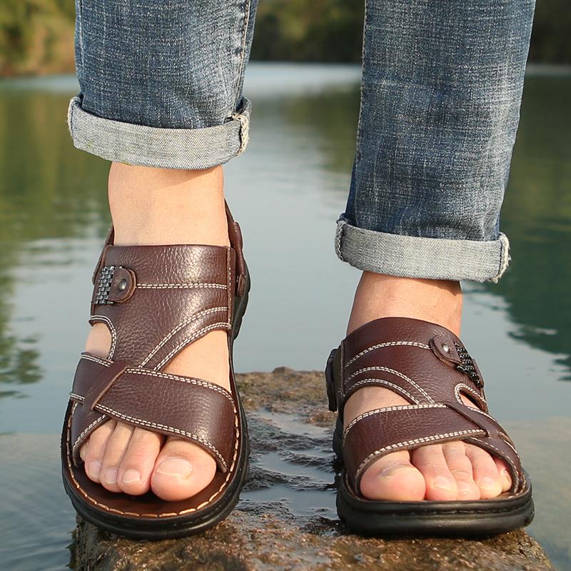 Fashion Men's Leather Sandals Adjustable Heel Strap for Easy Wear, Cross-Strap Breathable Design Anti-Slip Thick Sole Summer Beach Shoes