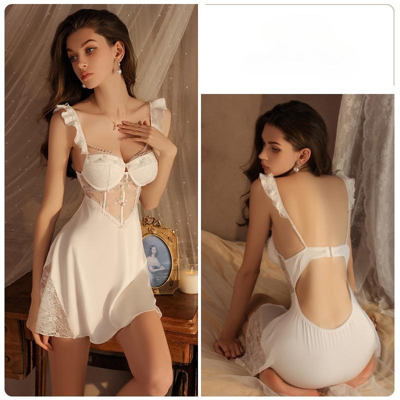 Plus Size Women’s Sexy Push-Up Underwire Sleep Dress Lace Backless Camisole Padded Deep V Nightdress