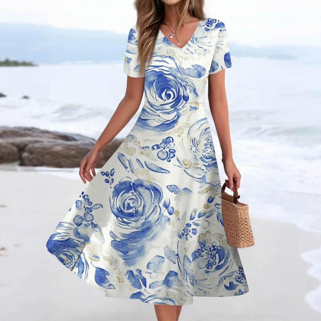 Women's Summer Casual Fashion Print Pocket Short Sleeve V-Neck Swing Dress