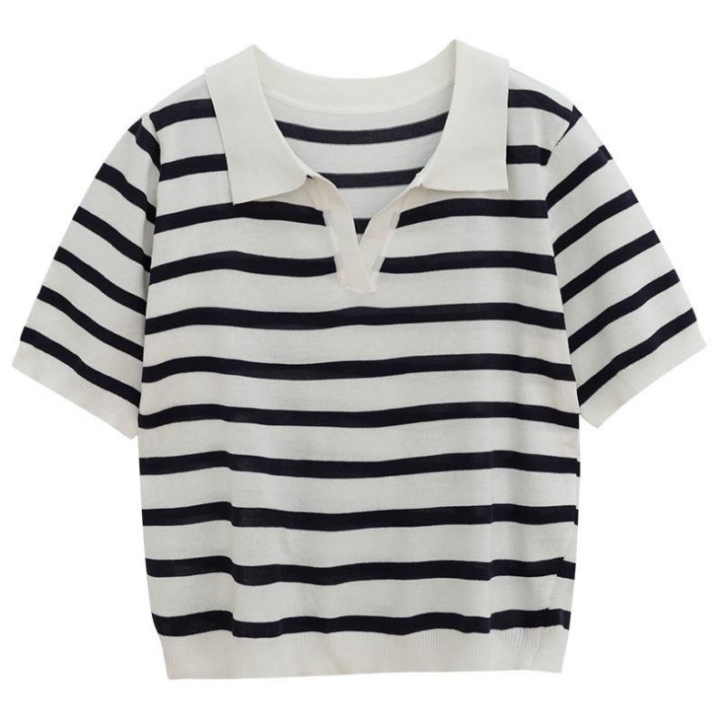 Klasický polo límeček s krátkým rukávem pruhovaný pletený top