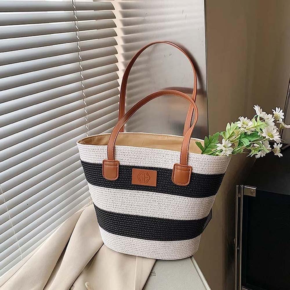 Large Capacity Shopping Straw Bag Lightweight Summer Beach Handbag Stripe Woven Tote Bag  Daily