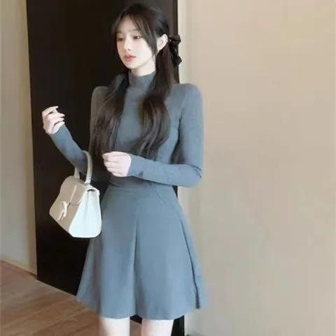 

Early spring semi-turtleneck inner dress women s early spring small man slim and thin waist bottom a word short skirt S серый