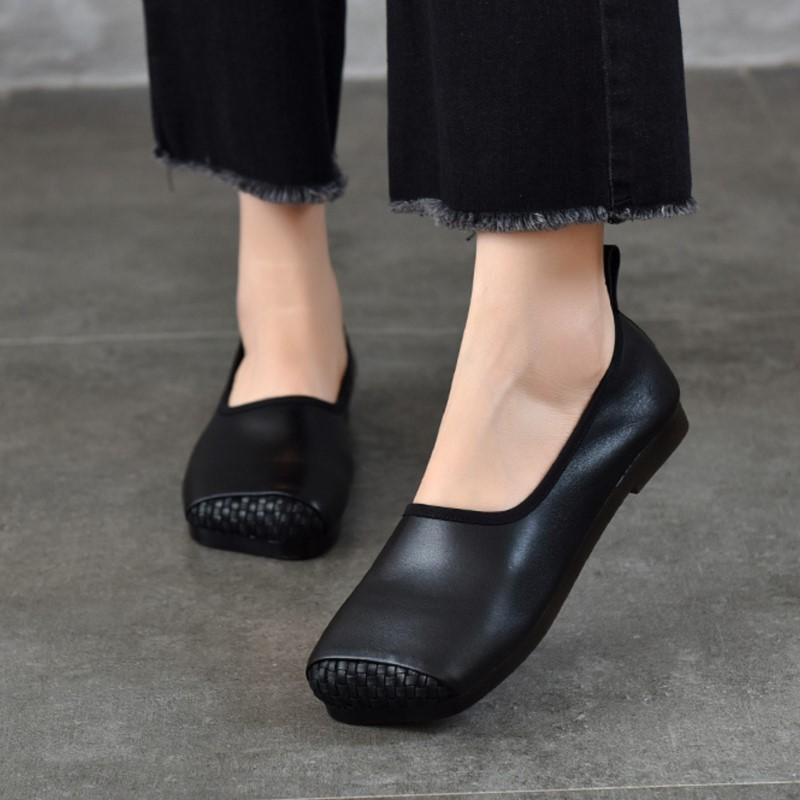 Johnature Retro Flache Schuhe mit weicher Sohle Eckige Spitze Echtes Leder Vielseitige Damen Slipper