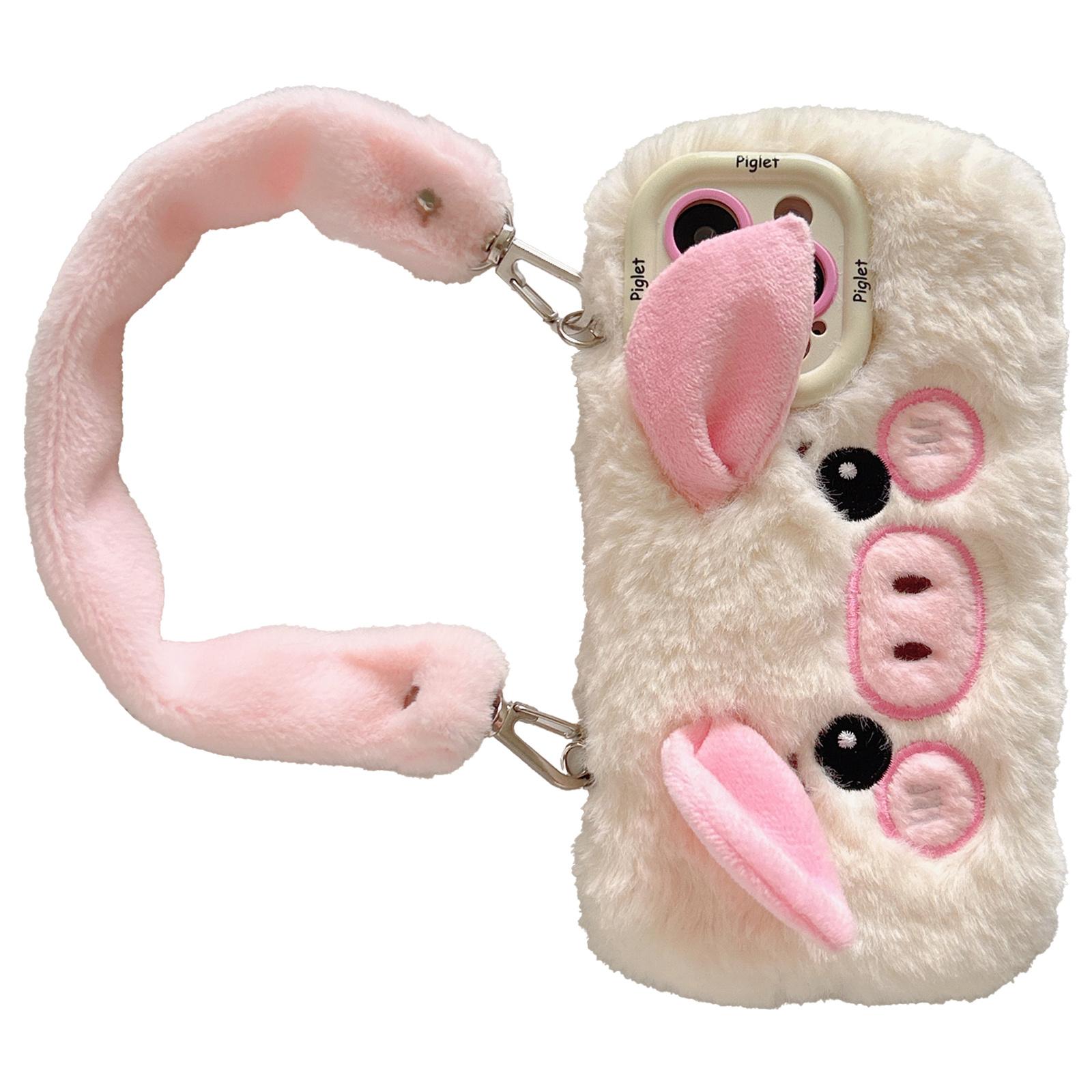 

KJS-019 For iPhone 15 Pro Max Case Lens Kickstand TPU Piglet Plush Handheld Phone Cover A