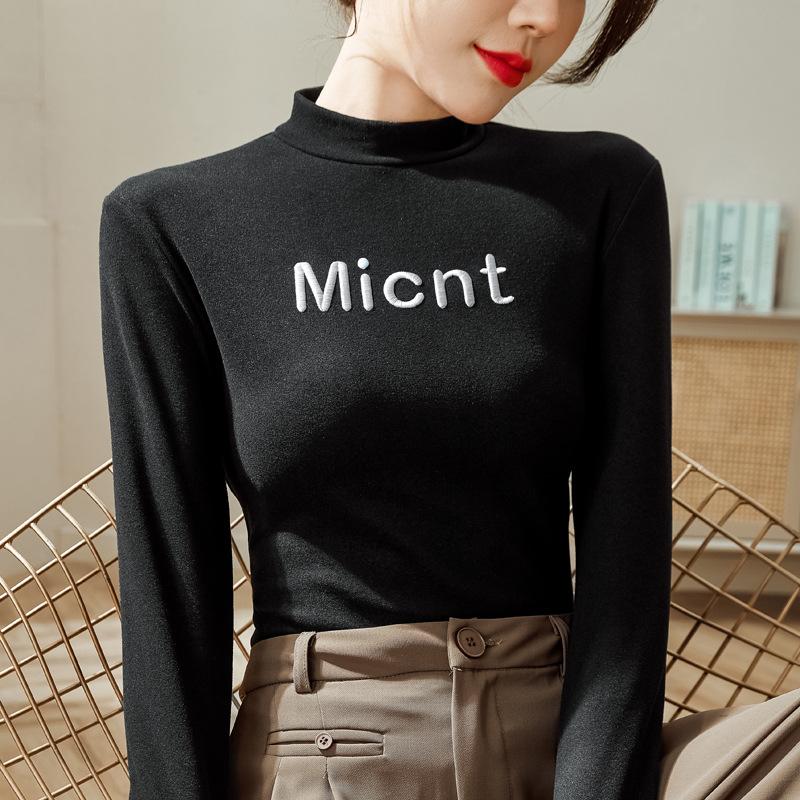 

Половина водолазки, нижняя рубашка для женщин, осенне-зимняя облегающая футболка с вышитыми буквами, корейская версия, футболка с длинными рукавами XXXL