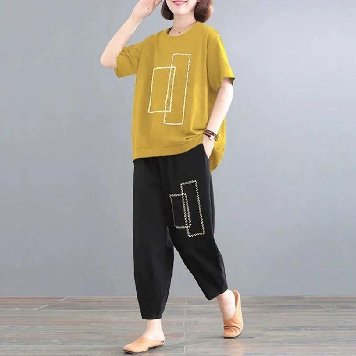 

Женский летний повседневный спортивный костюм, свободный топ с короткими рукавами и круглым вырезом + брюки, комплект из двух предметов S жёлтый