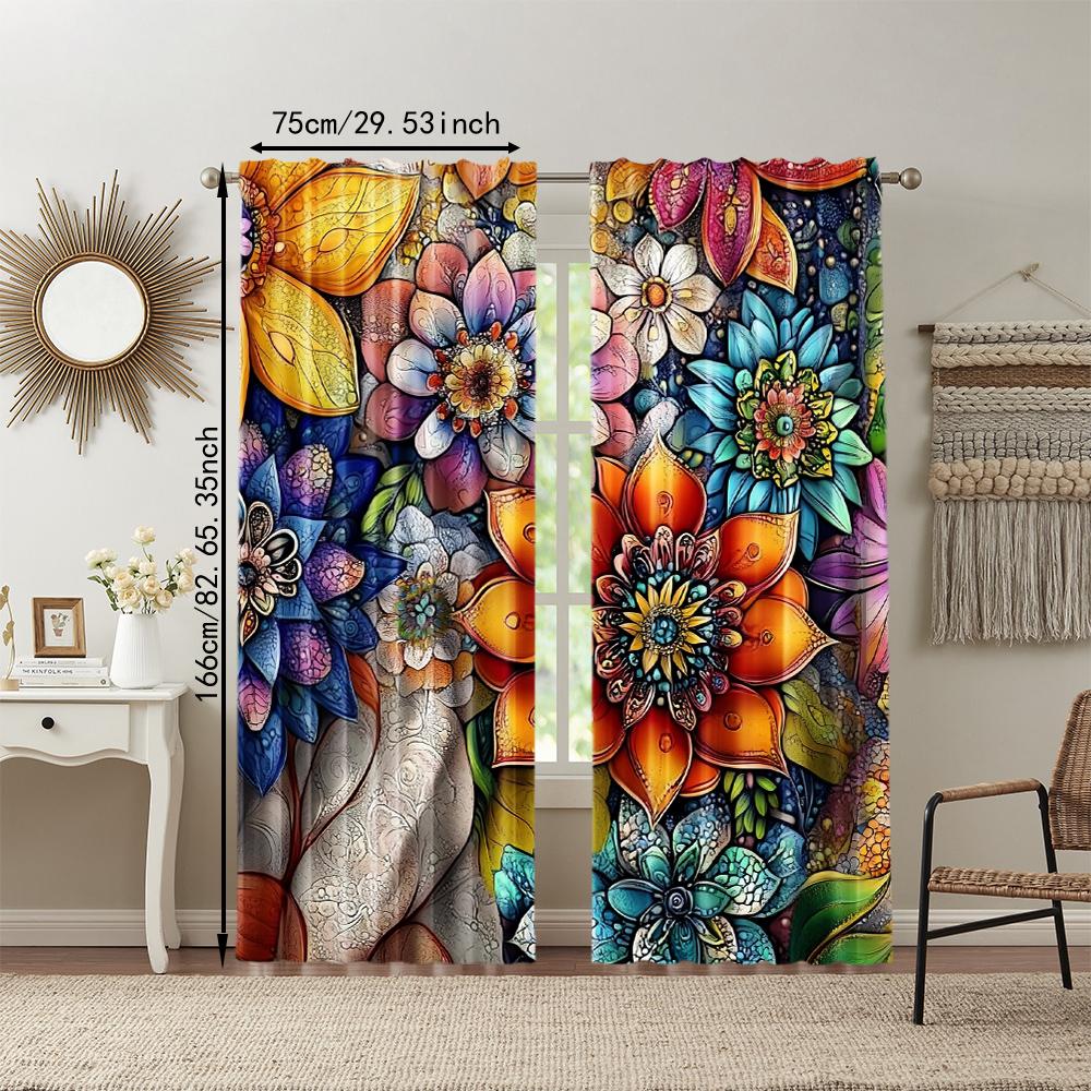 2 Stück Blumige Boho-Fenstervorhänge Bohemian Buntes Blumenmuster Fensterbehänge für Zuhause Schlafzimmer Wohnzimmer Küche Zuhause