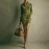 Women's Color Suede Zipper Pocket Long Sleeved Stand Up Collar Dress