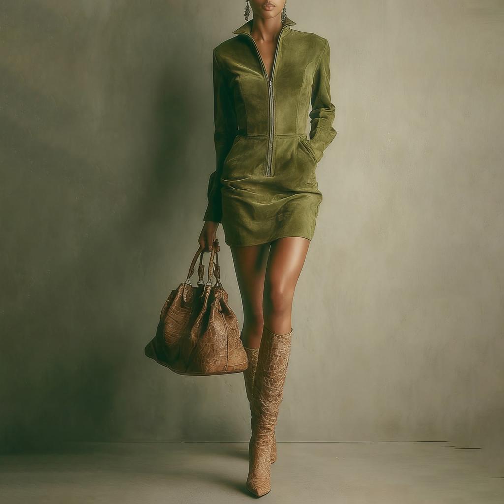 Women's Color Suede Zipper Pocket Long Sleeved Stand Up Collar Dress