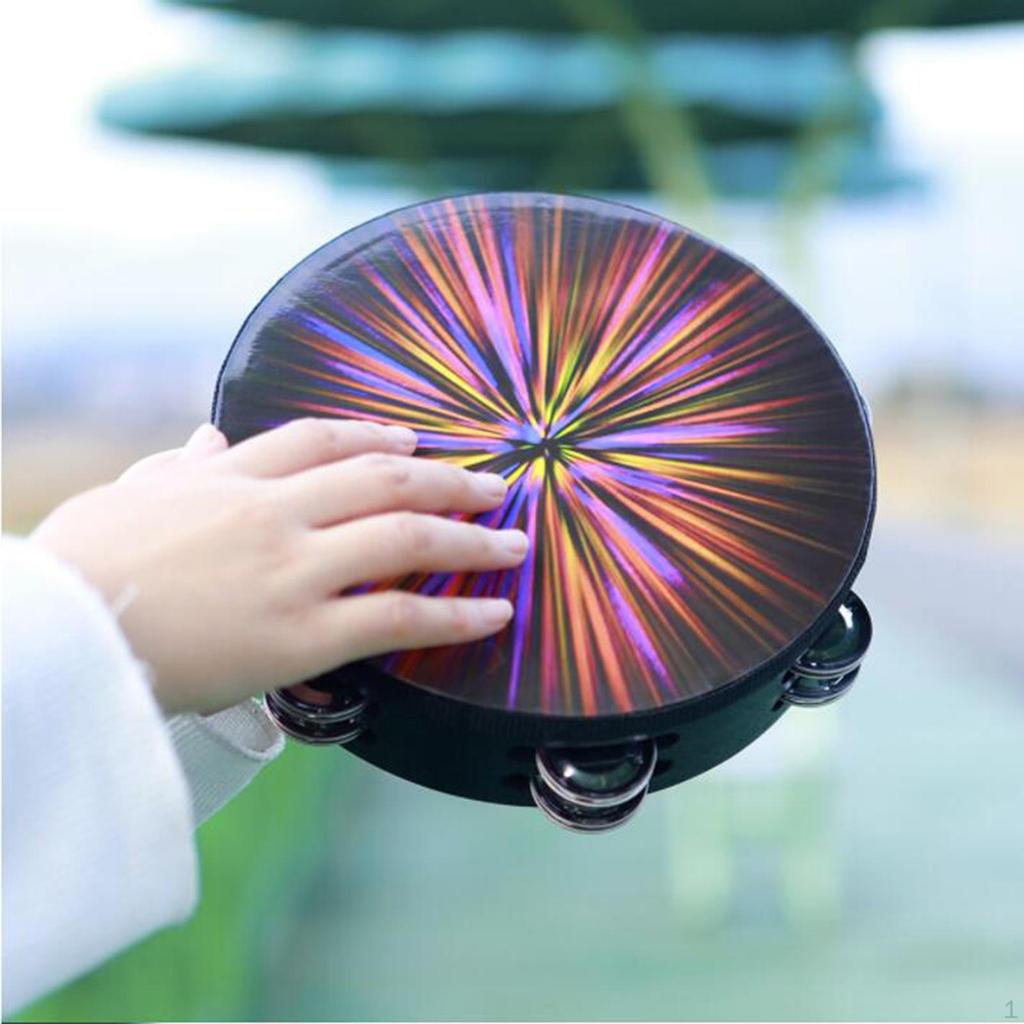 Tambourine with Double Row , 8 Inch Wood Handbell Music Reflective Drum, Hand Drum Percussion