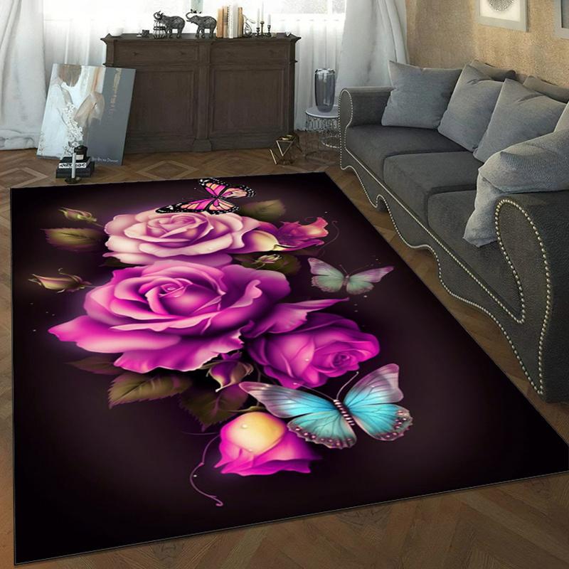 Purple Roses and ButterfliesAreaRugRomanticFloral Design for LivingRoomSoft Indoor Carpet Anti slip carpet can be machine washed