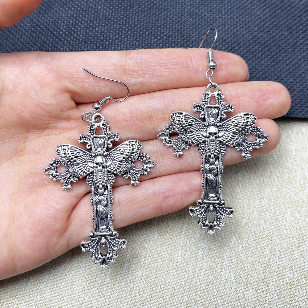 Gotische Blumenranken Kreuz & Totenkopf Halskette mit Ohrringen