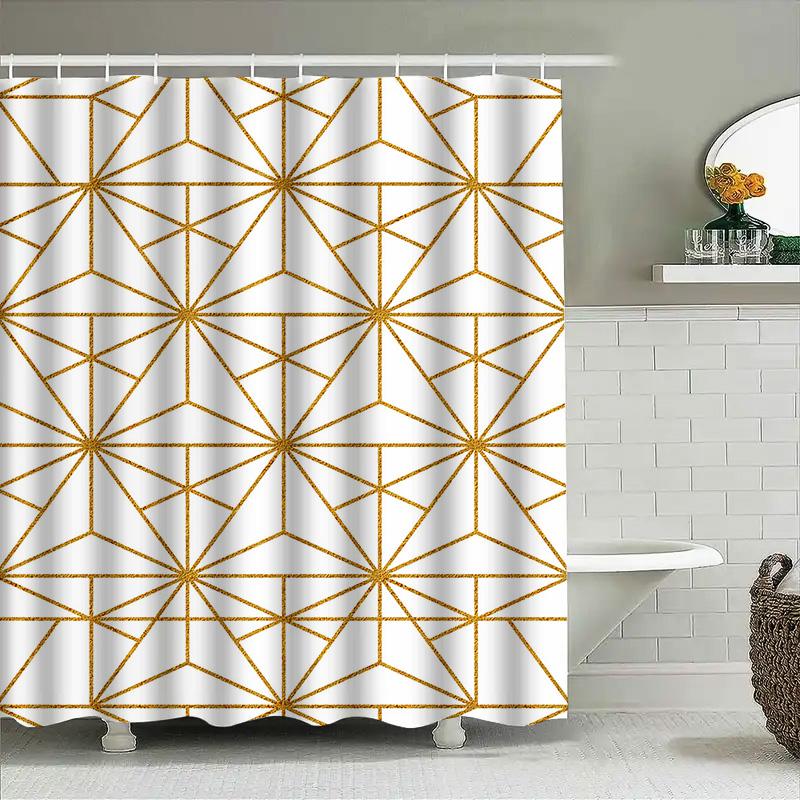 Modern Geometric Shower Curtain With Gold Lines Home Decor Bathroom Accessories For Kids Bathrooms Easy Hanging Rod Set Included