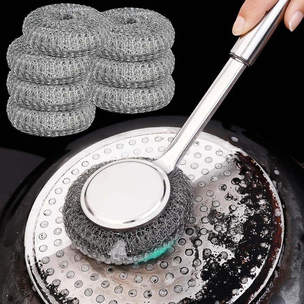 Strong Decontamination Cleaning Brush Long Handle Pot Brush Kitchen Pan Pot Dishes Cleaning Brush Steel Wire Metal Wool Scourer