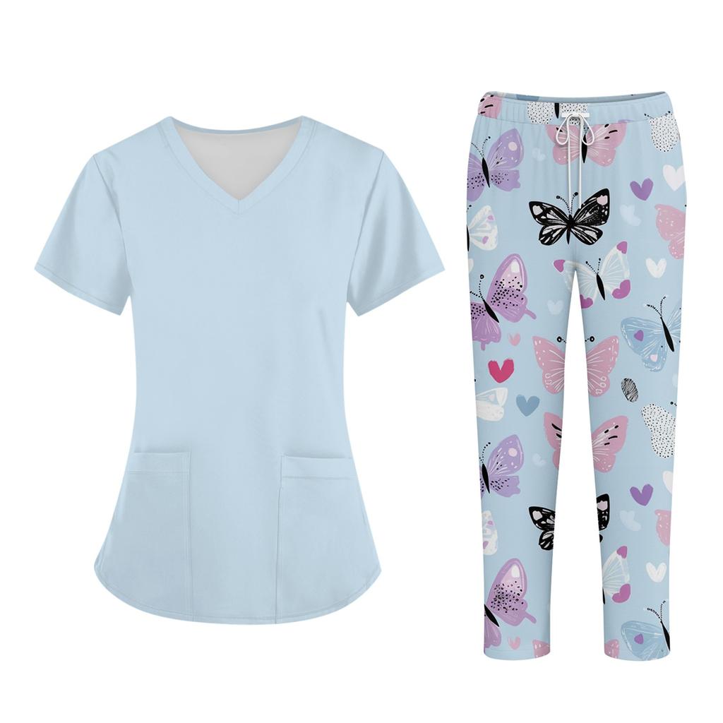 Plus SizePrinted Scrub Working Uniform Tops For Women's Cross V-Neck Halloween Print Short Sleeve Fun T-Shirts Workwear Tee With Pockets