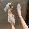 French Bag Head Sandals Women's New Middle Heel Pointed Single Shoes Women's One-word Buckle Thick Heel High Heel Women's Sandals